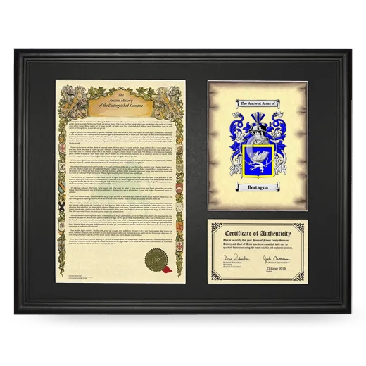 Bertagna Framed Surname History and Coat of Arms - Black