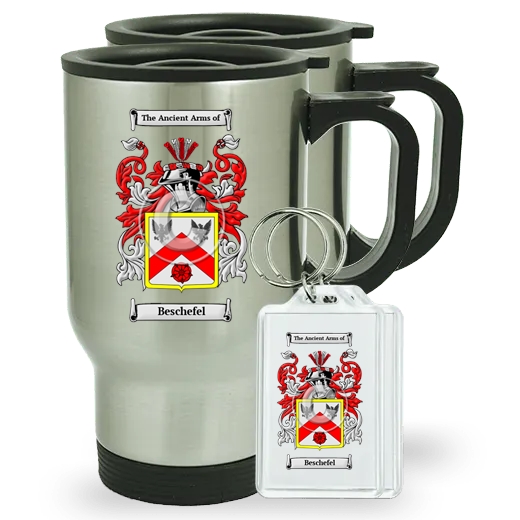 Beschefel Pair of Travel Mugs and pair of Keychains