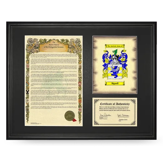 Bignell Framed Surname History and Coat of Arms - Black