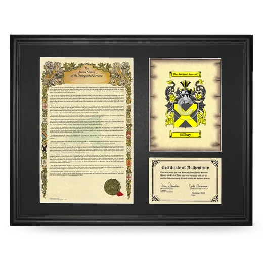 Billbay Framed Surname History and Coat of Arms - Black