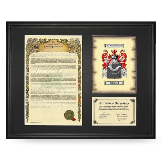 Billinford Framed Surname History and Coat of Arms - Black