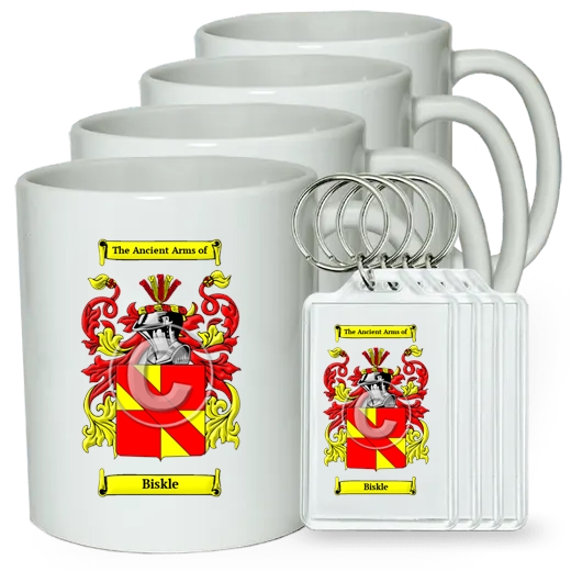 Biskle Set of 4 Coffee Mugs and Keychains