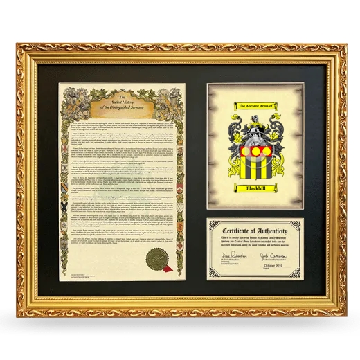 Blackhill Framed Surname History and Coat of Arms- Gold