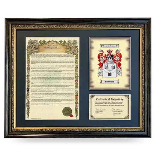 Blachclok Framed Surname History and Coat of Arms- Heirloom