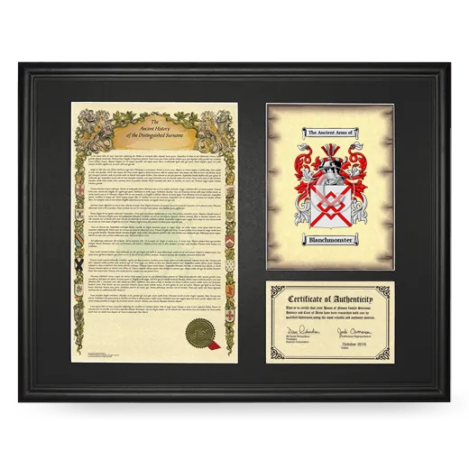 Blanchmonster Framed Surname History and Coat of Arms - Black