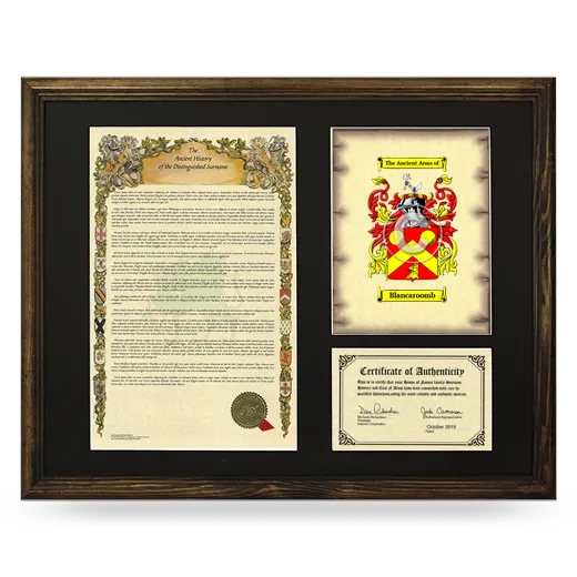 Blancaroomb Framed Surname History and Coat of Arms - Brown
