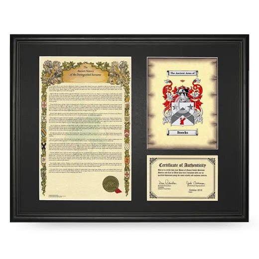 Boocks Framed Surname History and Coat of Arms - Black