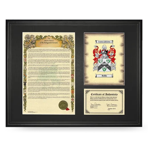 Bodin Framed Surname History and Coat of Arms - Black