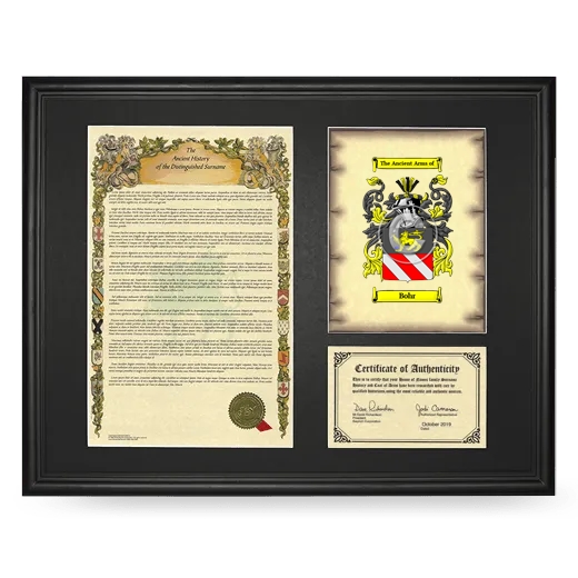 Bohr Framed Surname History and Coat of Arms - Black