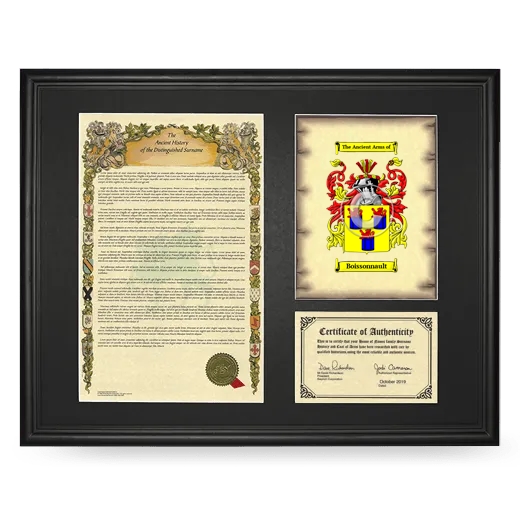 Boissonnault Framed Surname History and Coat of Arms - Black