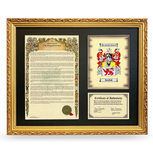 Bowlink Framed Surname History and Coat of Arms- Gold