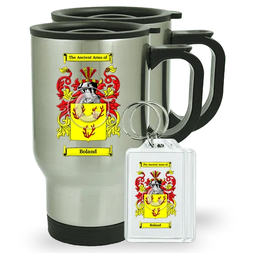 Boland Pair of Travel Mugs and pair of Keychains