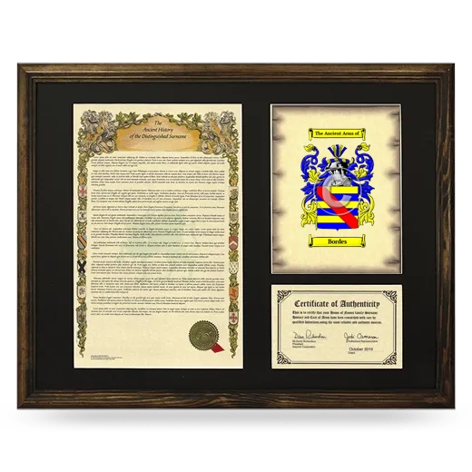 Bordes Framed Surname History and Coat of Arms - Brown