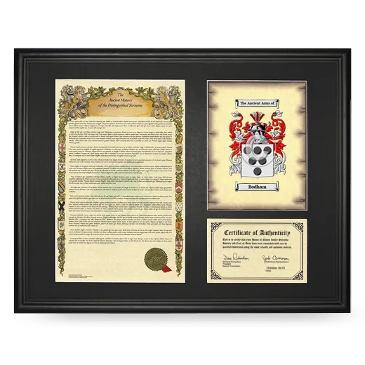 Bodham Framed Surname History and Coat of Arms - Black