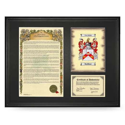 Boaldane Framed Surname History and Coat of Arms - Black