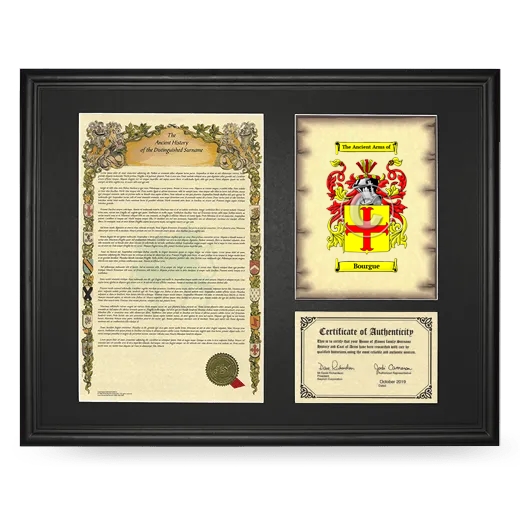 Bourgue Framed Surname History and Coat of Arms - Black