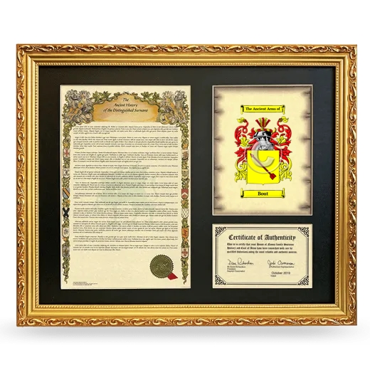 Bout Framed Surname History and Coat of Arms- Gold