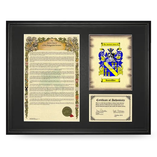 Bouteillier Framed Surname History and Coat of Arms - Black