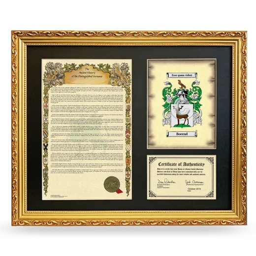 Boeend Framed Surname History and Coat of Arms- Gold