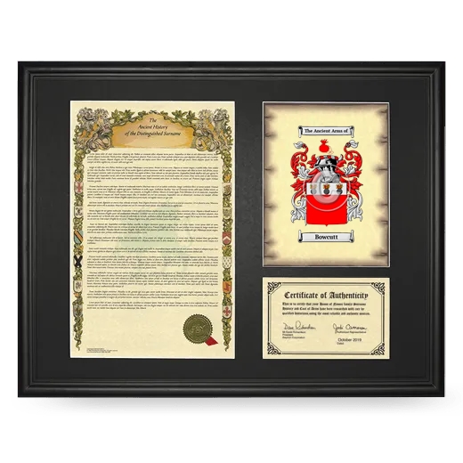 Bowcutt Framed Surname History and Coat of Arms - Black