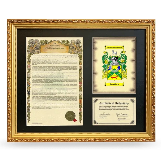 Braddack Framed Surname History and Coat of Arms- Gold