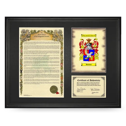 Breseur Framed Surname History and Coat of Arms - Black