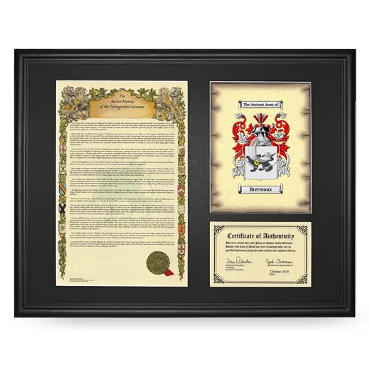 Bretteaux Framed Surname History and Coat of Arms - Black