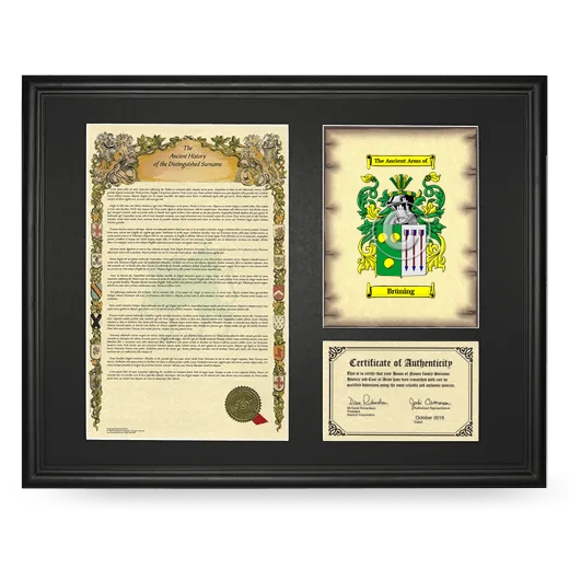 Brüning Framed Surname History and Coat of Arms - Black