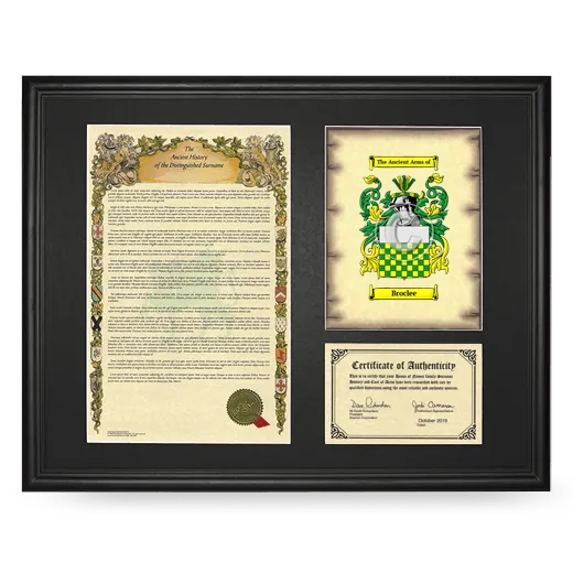 Broclee Framed Surname History and Coat of Arms - Black