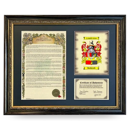 Bradarock Framed Surname History and Coat of Arms- Heirloom