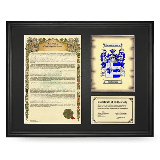 Brotsorger Framed Surname History and Coat of Arms - Black