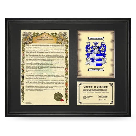 Brottsorge Framed Surname History and Coat of Arms - Black