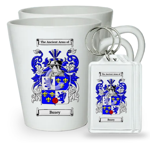 Busey Pair of Latte Mugs and Pair of Keychains