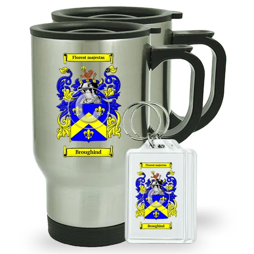 Broughind Pair of Travel Mugs and pair of Keychains