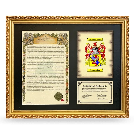 Beckingghan Framed Surname History and Coat of Arms- Gold