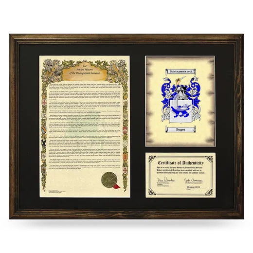 Buges Framed Surname History and Coat of Arms - Brown