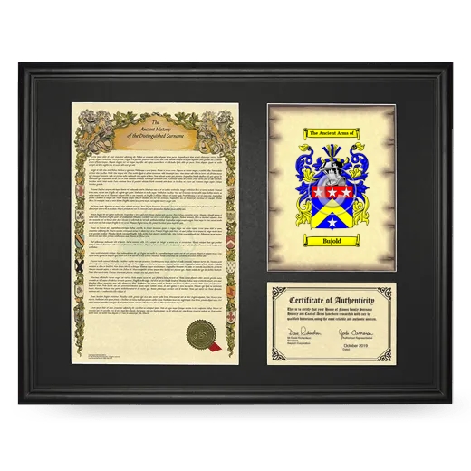 Bujold Framed Surname History and Coat of Arms - Black