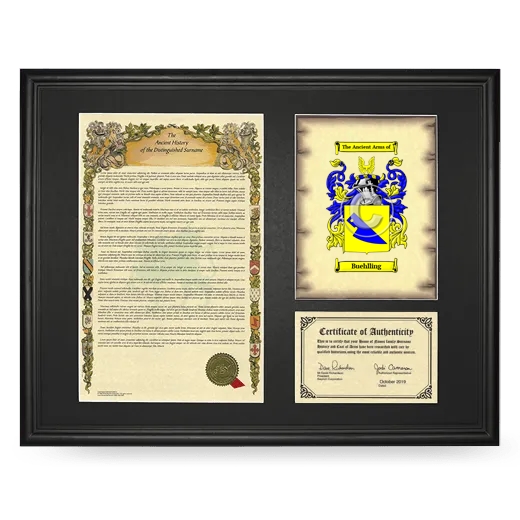 Buehlling Framed Surname History and Coat of Arms - Black