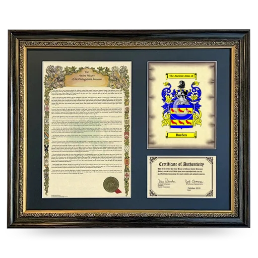 Burdox Framed Surname History and Coat of Arms- Heirloom