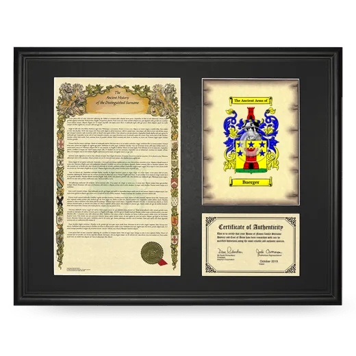 Buerger Framed Surname History and Coat of Arms - Black