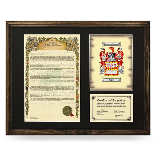 Birges Framed Surname History and Coat of Arms - Brown