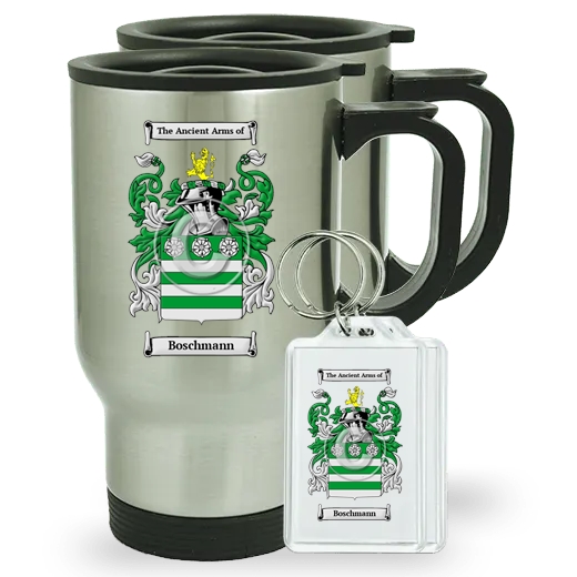 Boschmann Pair of Travel Mugs and pair of Keychains