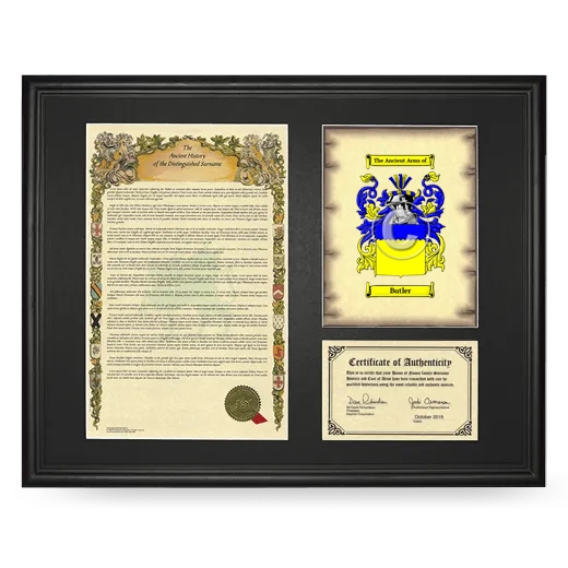 Butler Framed Surname History and Coat of Arms - Black