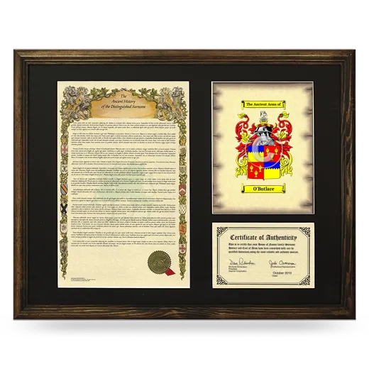 O'Butlare Framed Surname History and Coat of Arms - Brown