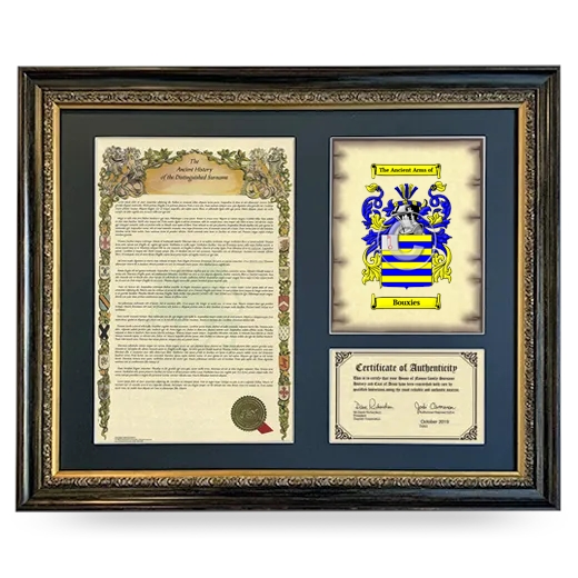 Bouxies Framed Surname History and Coat of Arms- Heirloom