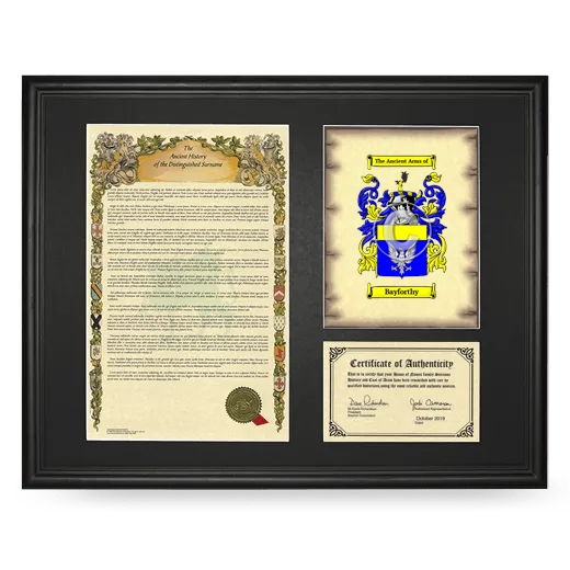 Bayforthy Framed Surname History and Coat of Arms - Black