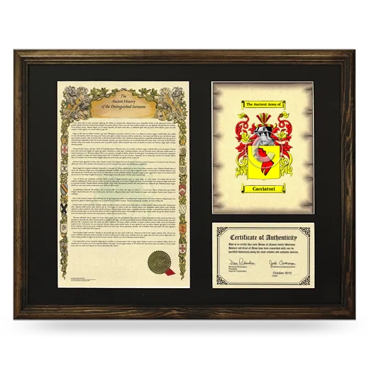 Cacciatori Framed Surname History and Coat of Arms - Brown