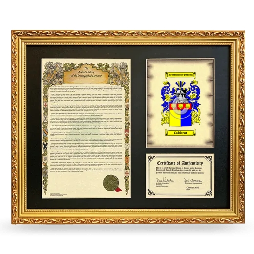Caldecot Framed Surname History and Coat of Arms- Gold
