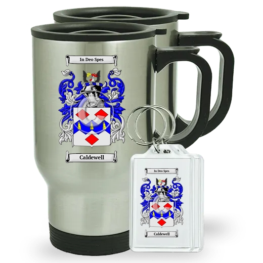 Caldewell Pair of Travel Mugs and pair of Keychains