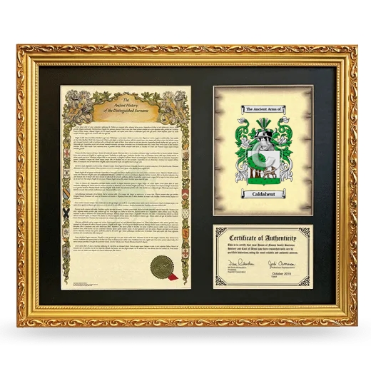 Caldahent Framed Surname History and Coat of Arms- Gold